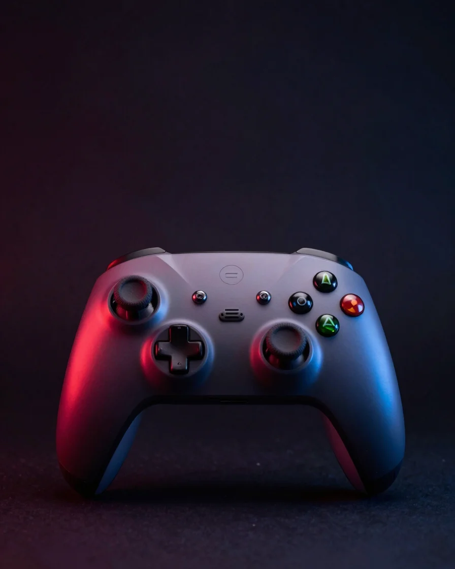 Vertical studio product photograph of a pro wireless gaming controller with subtle red neon reflections against a deep d